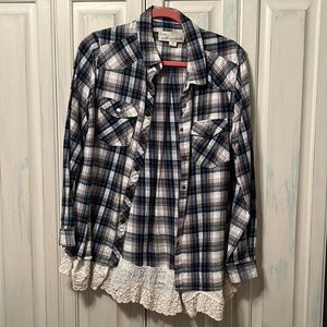 Plaid Shirt with Lace Detail at bottom